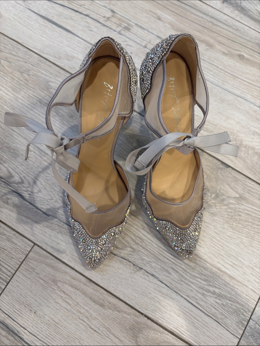 Betsey Johnson Nude Mesh Crystal Pointed-Toe Ankle-Tie Heels - Picture 2 of 3
